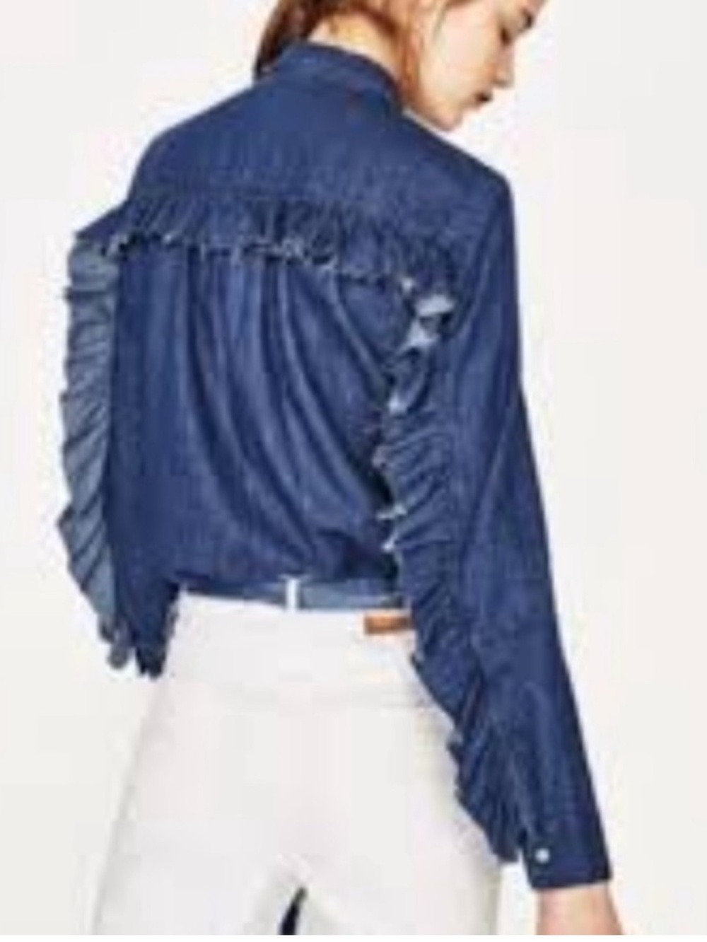Zara Trafaluc ruffle detailing long sleeve button down chambray denim shirt